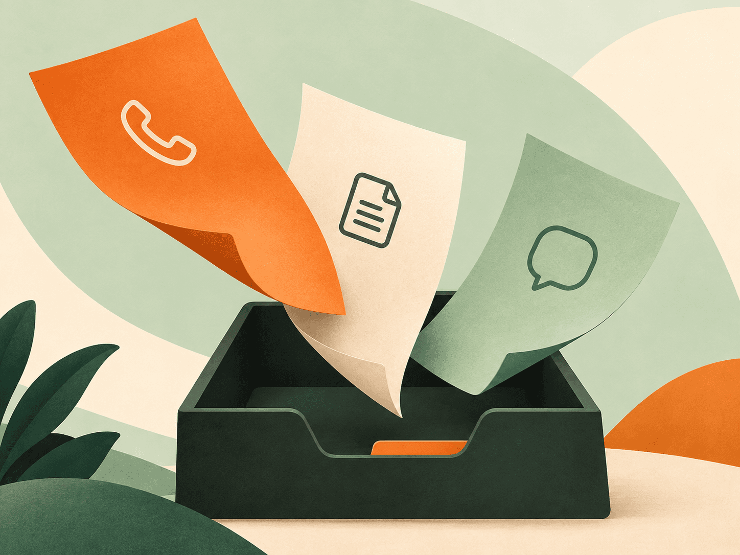 Calls, forms, and chats collected as colorful paper slips in one inbox