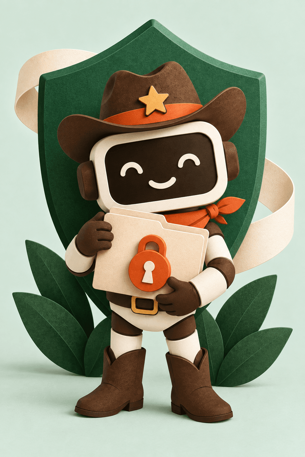 The Local Wrangler mascot holds locked folders in front of a green paper shield