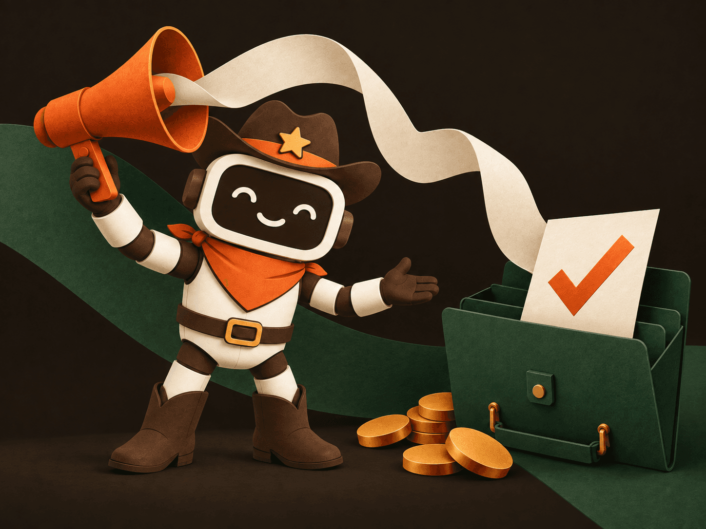 The Local Wrangler mascot connects an orange megaphone to a completed job and recorded revenue